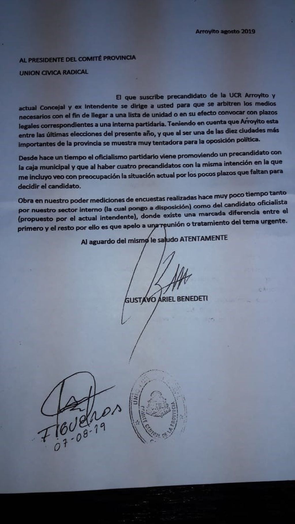 Carta enviada al comite provincial por parte de Gustavo Benedetti