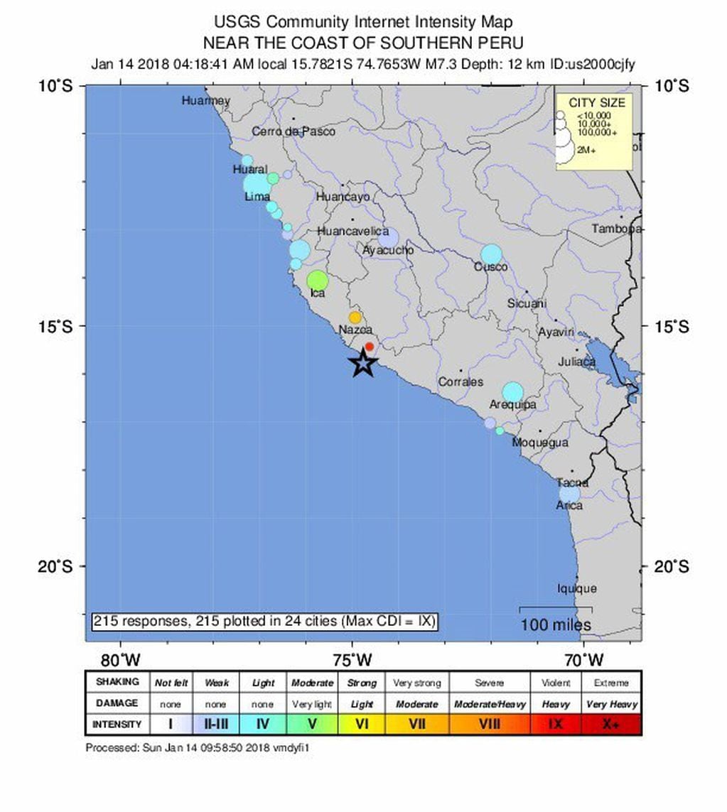 Acari (Peru), 14/01/2018.- An intensity map released by the US Geological Survey (USGS) on 14 January 2018 indicates the epicenter of a 7.3-magnitude earthquake near the coast of southern Peru at 09:18 UTC, on 14 January 2018. A 7.3 magnitude earthquake was reported at 12 kilometres depth off the southern Peruvian coast near Acari. (Terremoto/sismo) EFE/EPA/USGS / HANDOUT HANDOUT EDITORIAL USE ONLY/NO SALES