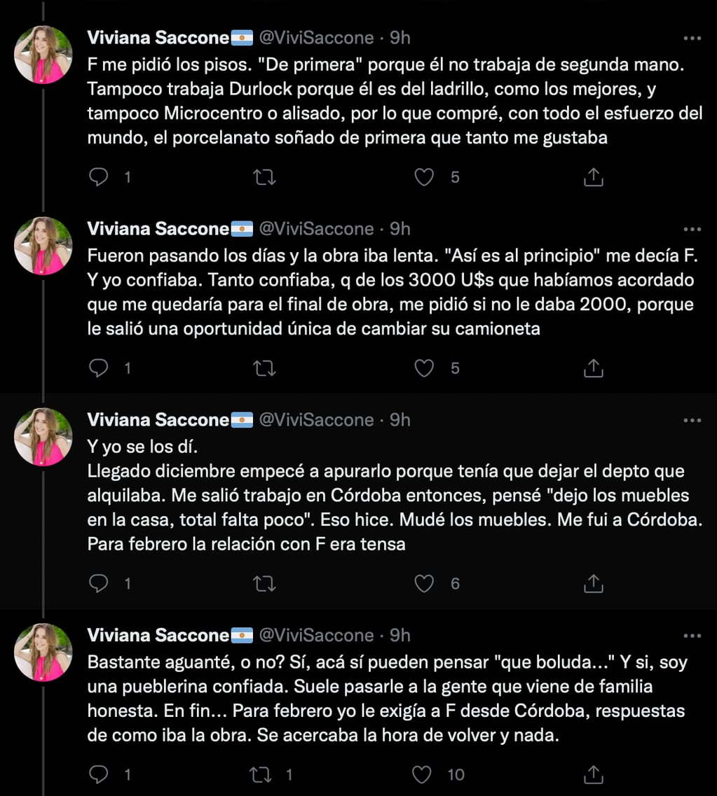 Los tuits de Viviana Saccone explicando cómo fue víctima de la estafa de un albañil.