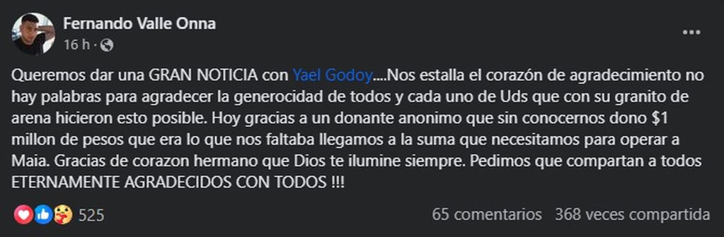 Fernando Valle Onna anuncia la millonaria donación anónima