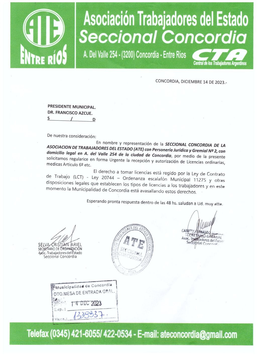 Comunicado de ATE Concordia dirigido al intendente Francisco Azcué.