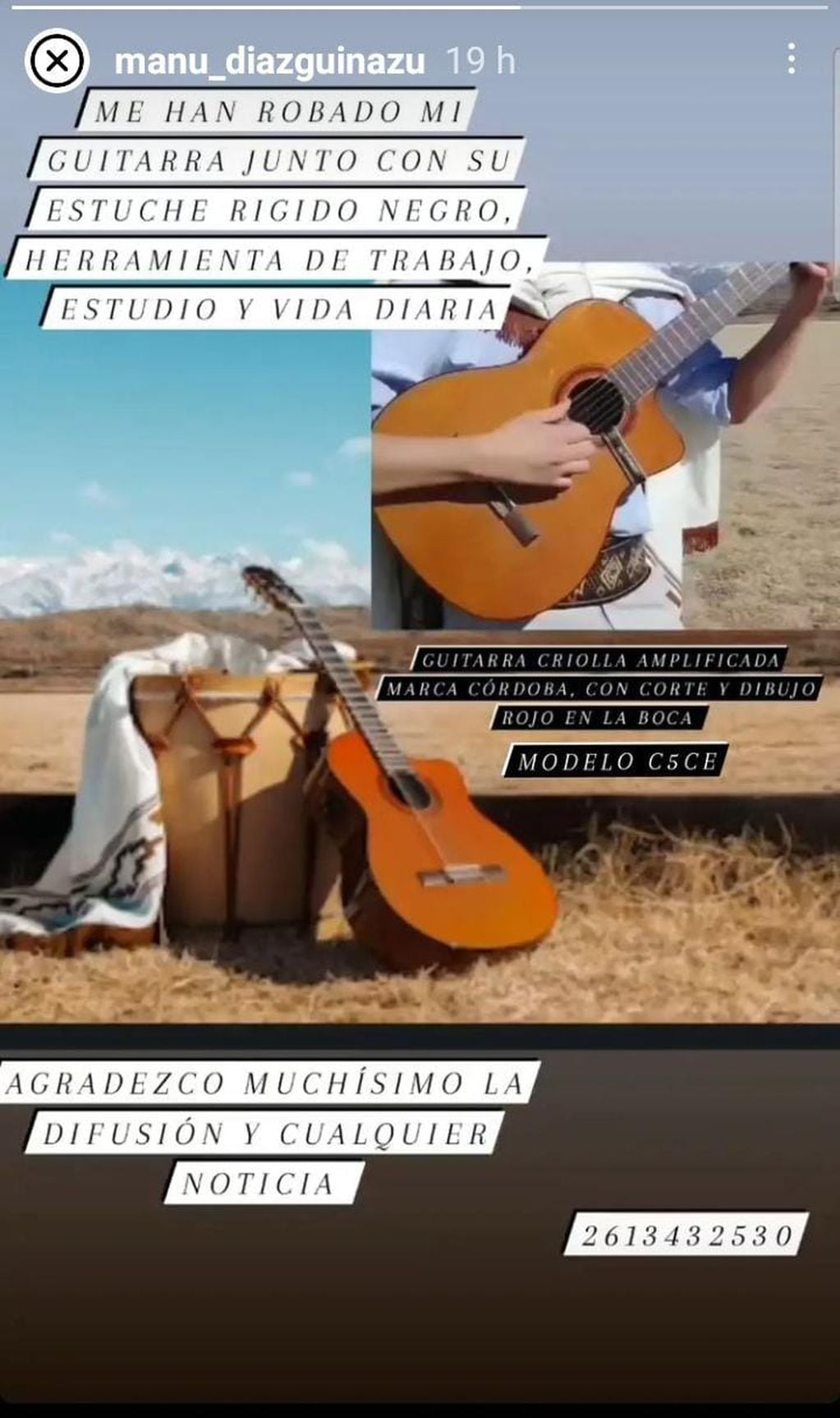 Manuel Díaz Guiñazú es músico y le robaron la guitarra con la que estudia y trabaja.