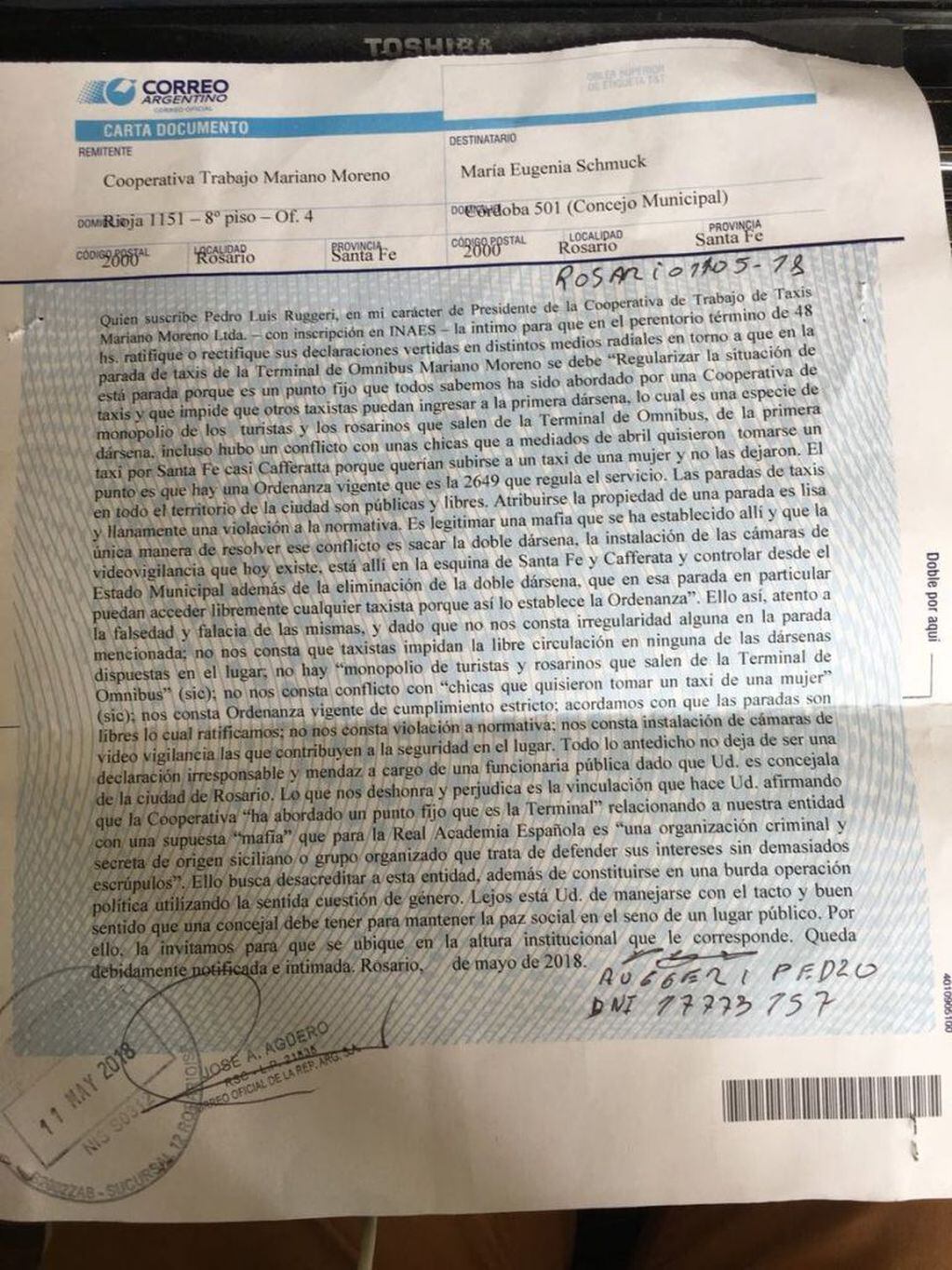 Carta documento de la Cooperativa de Trabajo de Taxis Mariano Moreno a la concejala María Eugenia Schmuck. (@mariuschmuckok)