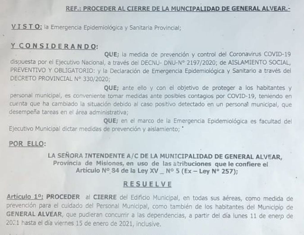 Coronavirus: por caso positivo cierran la Municipalidad de General Alvear