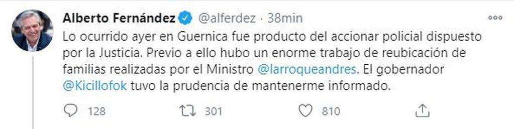 Los mensajes de Alberto Fernández sobre Guernica y el caso Etchevehere. (Twitter)