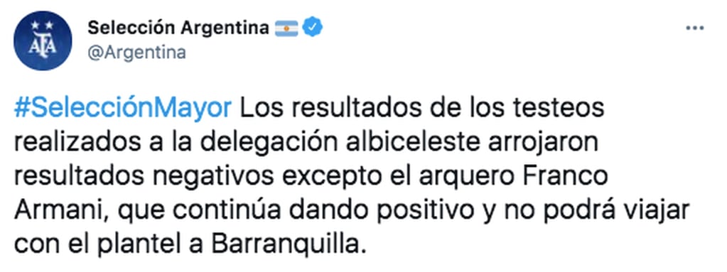 Franco Armani no viajará a Colombia.
