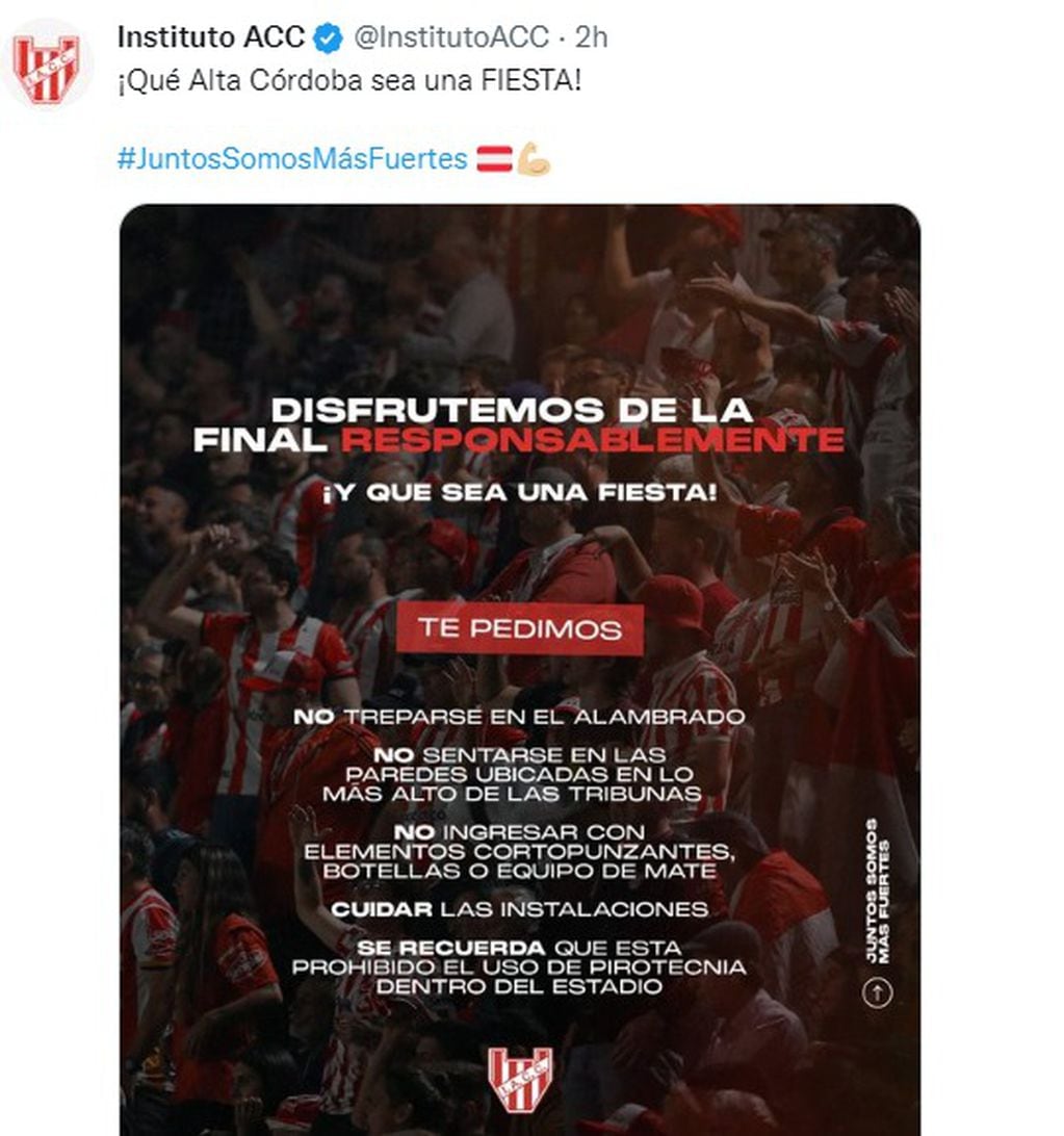 Las recomendaciones para los hinchas en la final de Instituto.