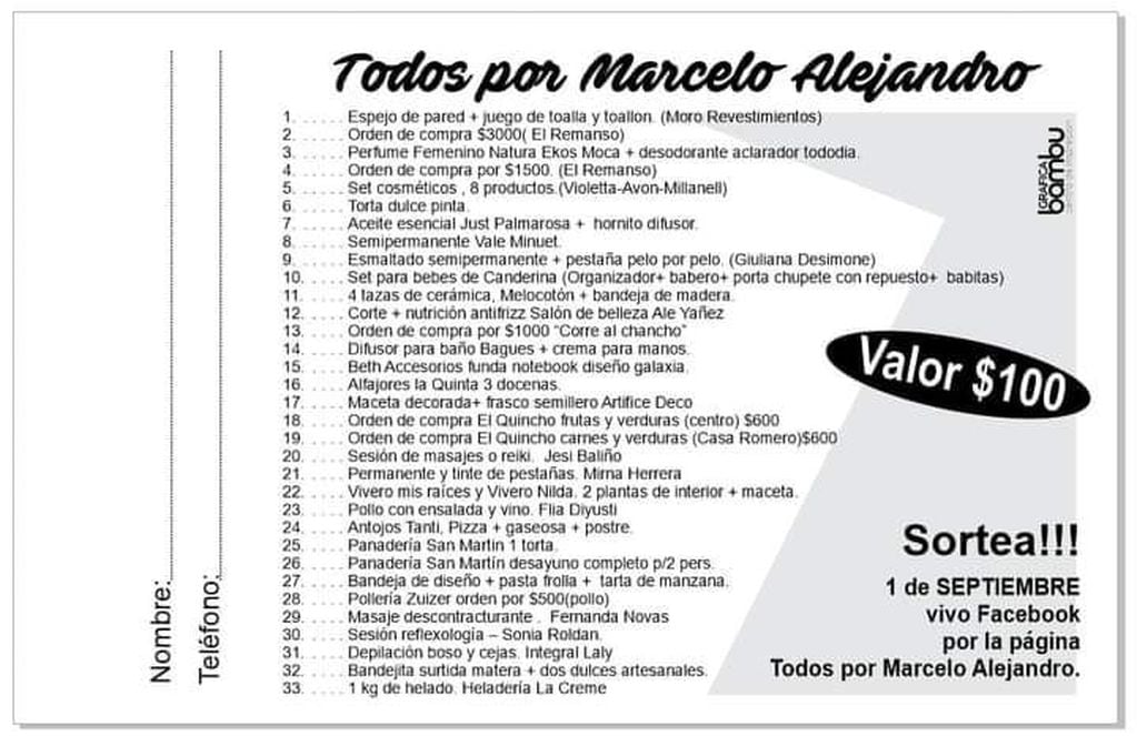 ¡33 premios! Rifa solidaria "Todos por Marcelo Alejandro".