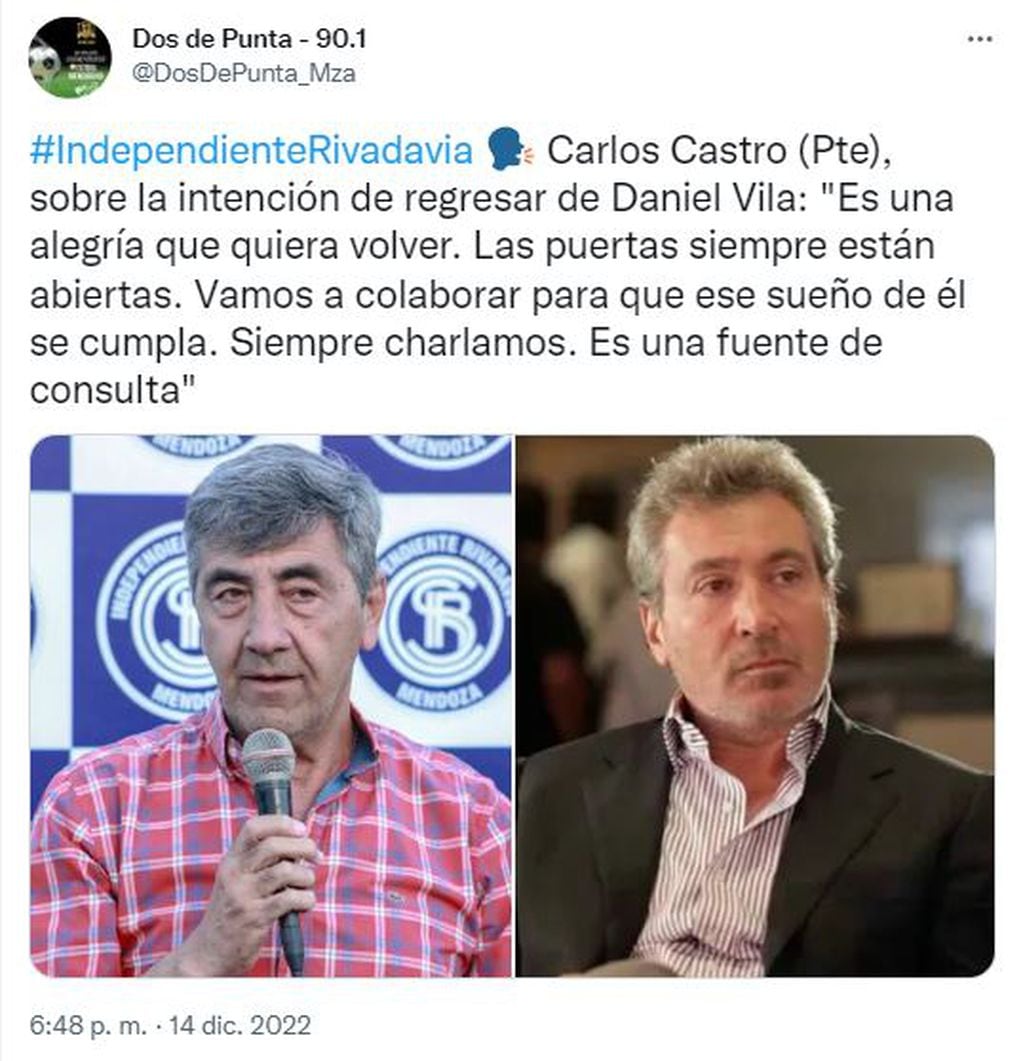 Posteo de Dos de Punta sobre el regreso de Vila. Habló con Carlos Castro, presidente de Independiente Rivadavia.