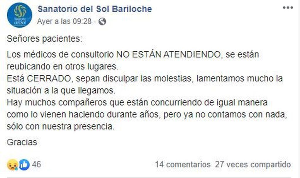 El sanatorio emitió un comunicado a través de su cuenta en Facebook (web).