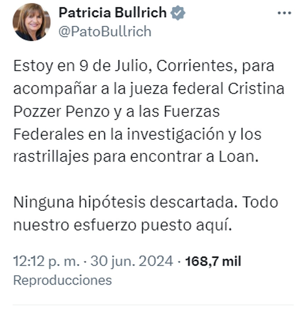 Caso Loan: Patricia Bullrich llegó a Corrientes e indicó que no descartan ninguna hipótesis
