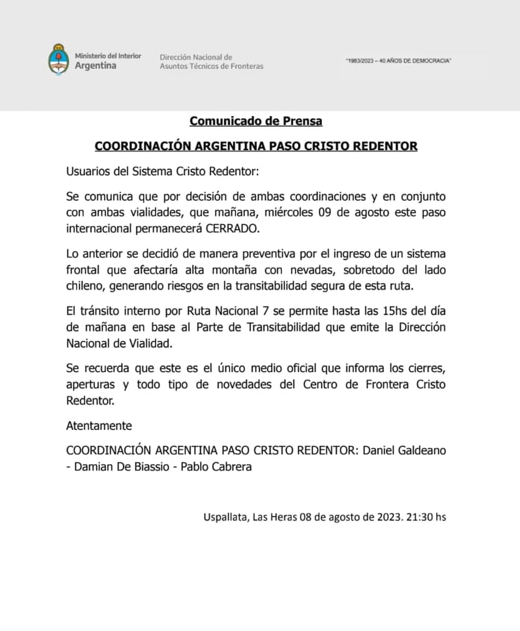 Comunicado de autoridades argentinas
