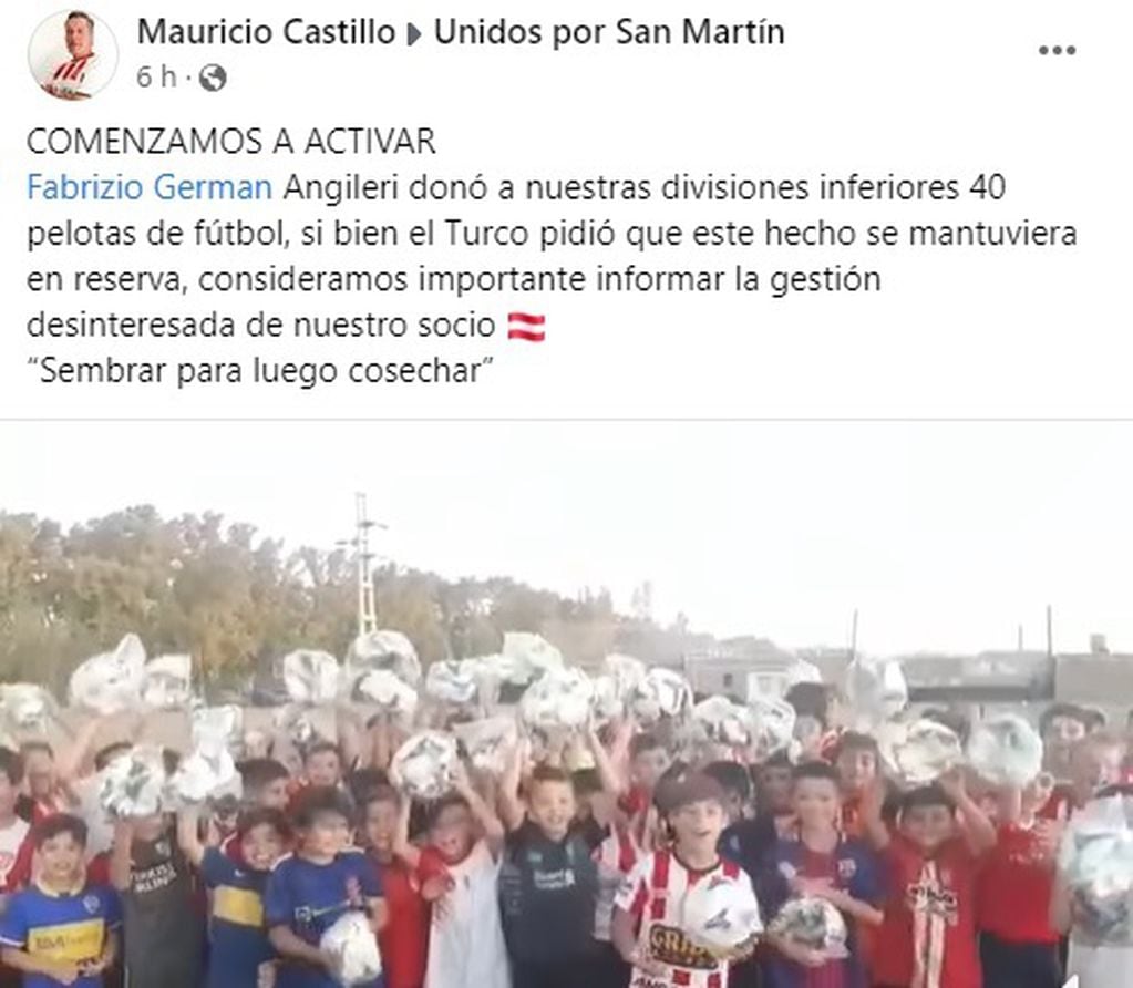 Fabrizio Angileri (River Plate) donó balones para las inferiores del Club San Martín de Mendoza.