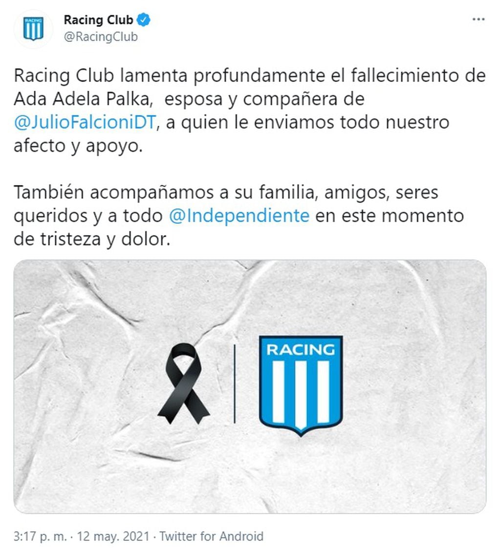Racing saludó a Falcioni y a Independiente. (Twitter: @JulioFalcioniDT)