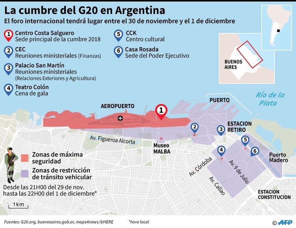 Mapa de Buenos Aires localizando las zonas de seguridad y de restricción de tránsito vehicular para la cumbre del G20 en Argentina - AFP / AFP