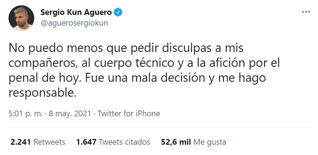 Sergio Agüero se disculpó con los fanáticos del Manchester City por su penal errado.