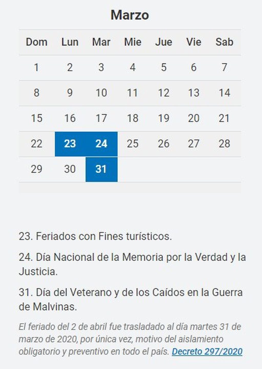 Los feriados de marzo (Fuente: https://www.argentina.gob.ar/interior/feriados-nacionales-2020)