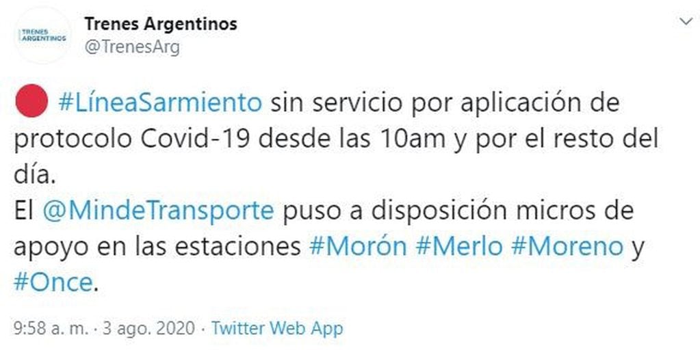 Mensaje de Trenes Argentinos. (Twitter)