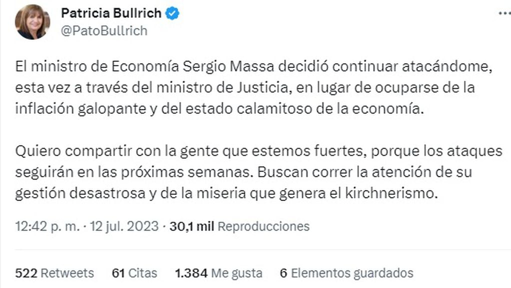 Intervinieron la fundación de Patricia Bullrich y ella acusó a Massa: “Los ataques seguirán” (Twitter @PatoBullrich)