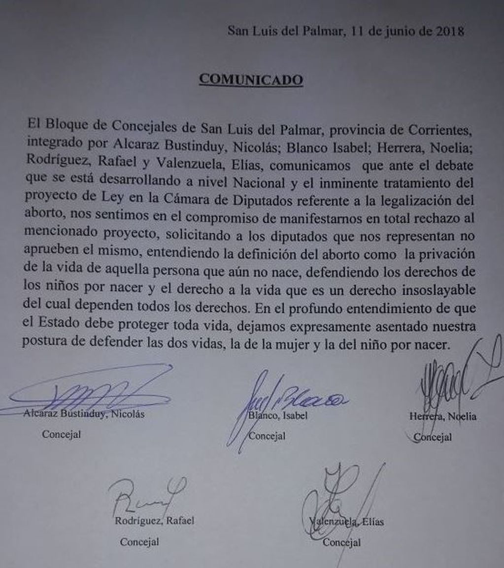 Concejales de San Luis del Palmar, en contra del aborto