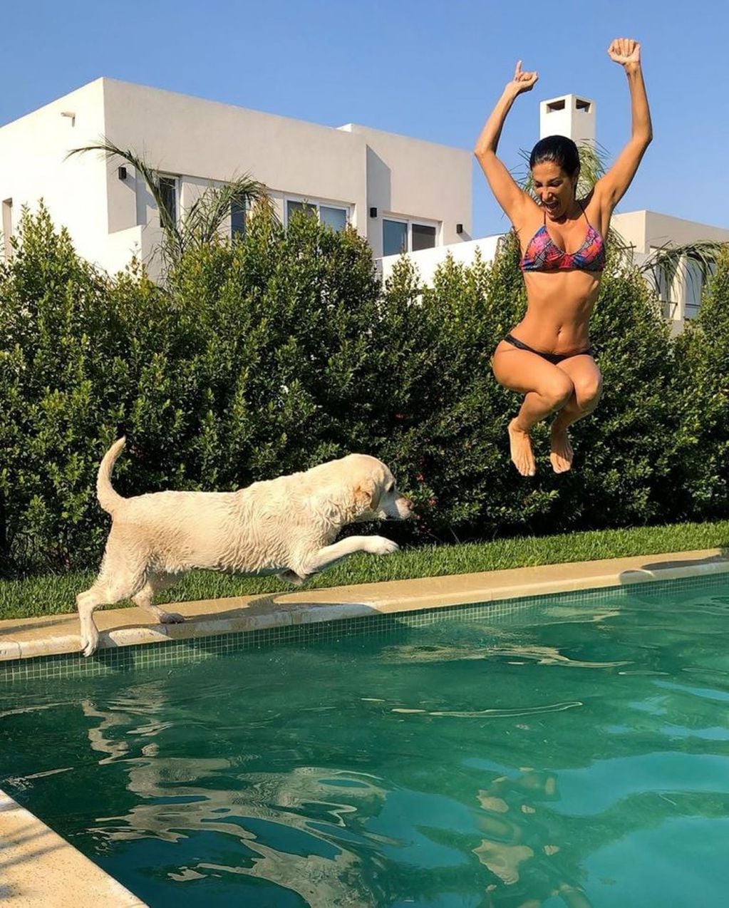 Junto a sus perros, se divierte en su pileta. (Instagram/@escuderosilvina)