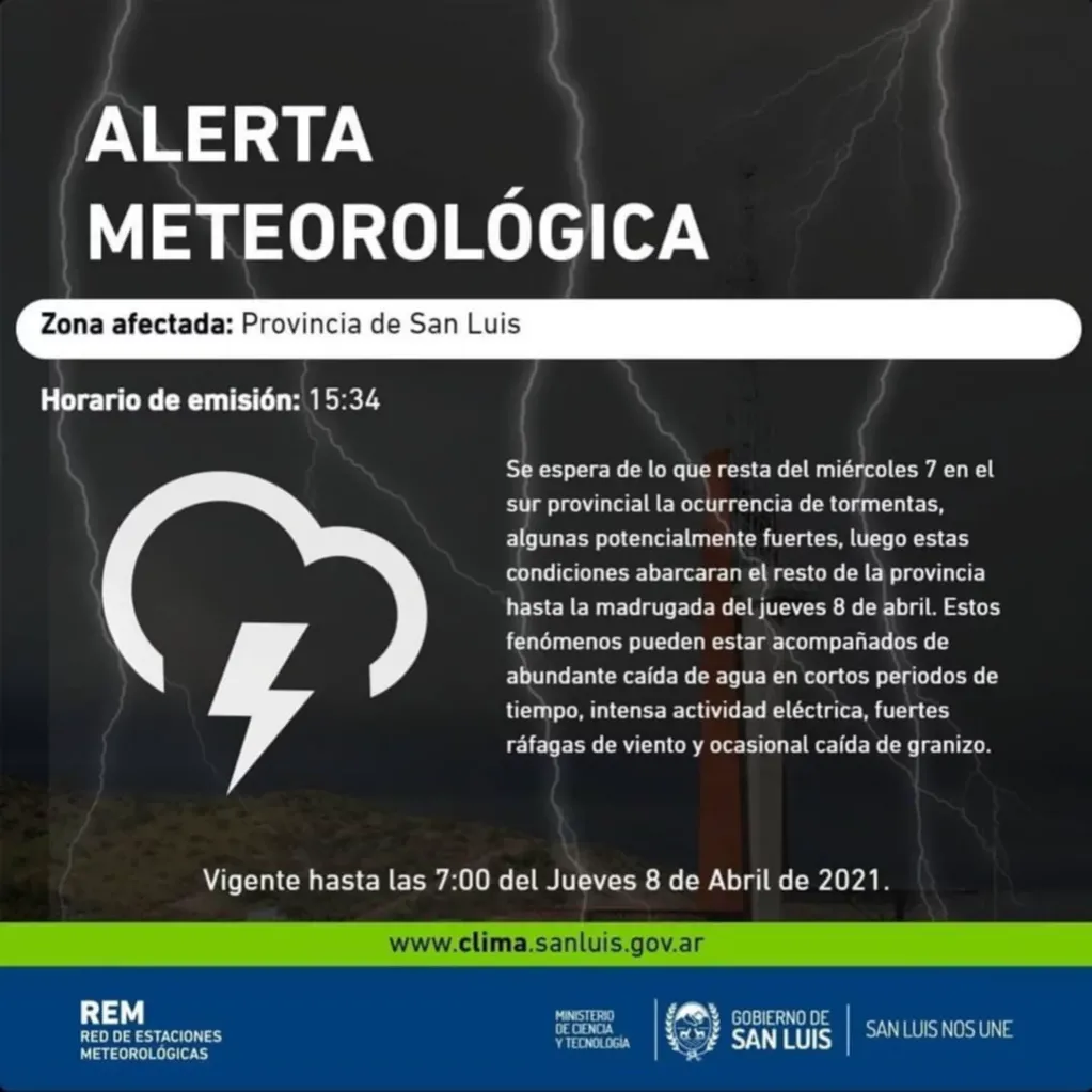 Se emitió una alerta meteorológica en San Luis.