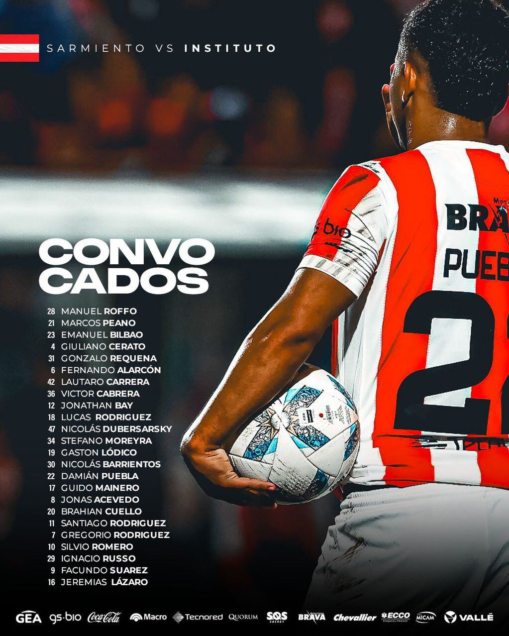 La lista de Diego Dabove para el debut de Instituto en el Torneo de Liga Profesional.
