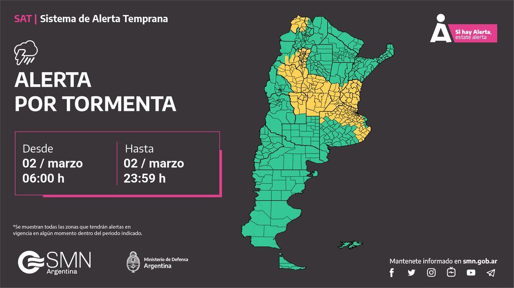 Alerta amarilla por tormentas en toda la provincia de Córdoba.