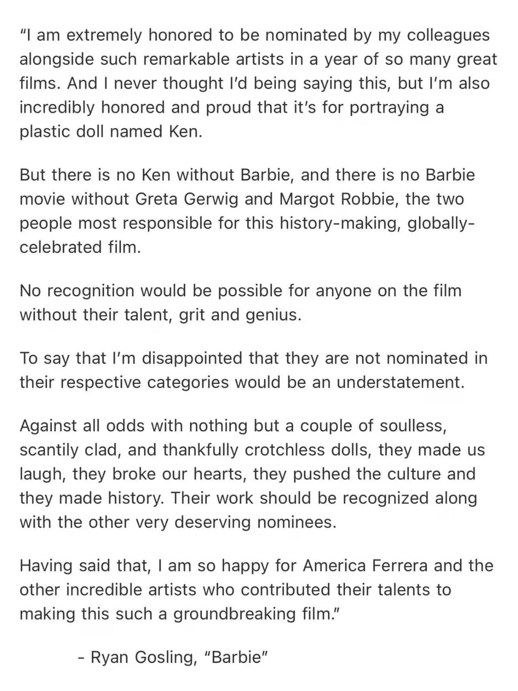 El comunicado de Ryan Gosling contra los Premios Oscar.