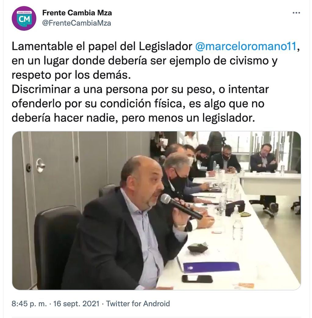 El frente Cambia Mendoza repudió la actitud del senador Marcelo Romano por discriminar al funcionario Néstor Majul