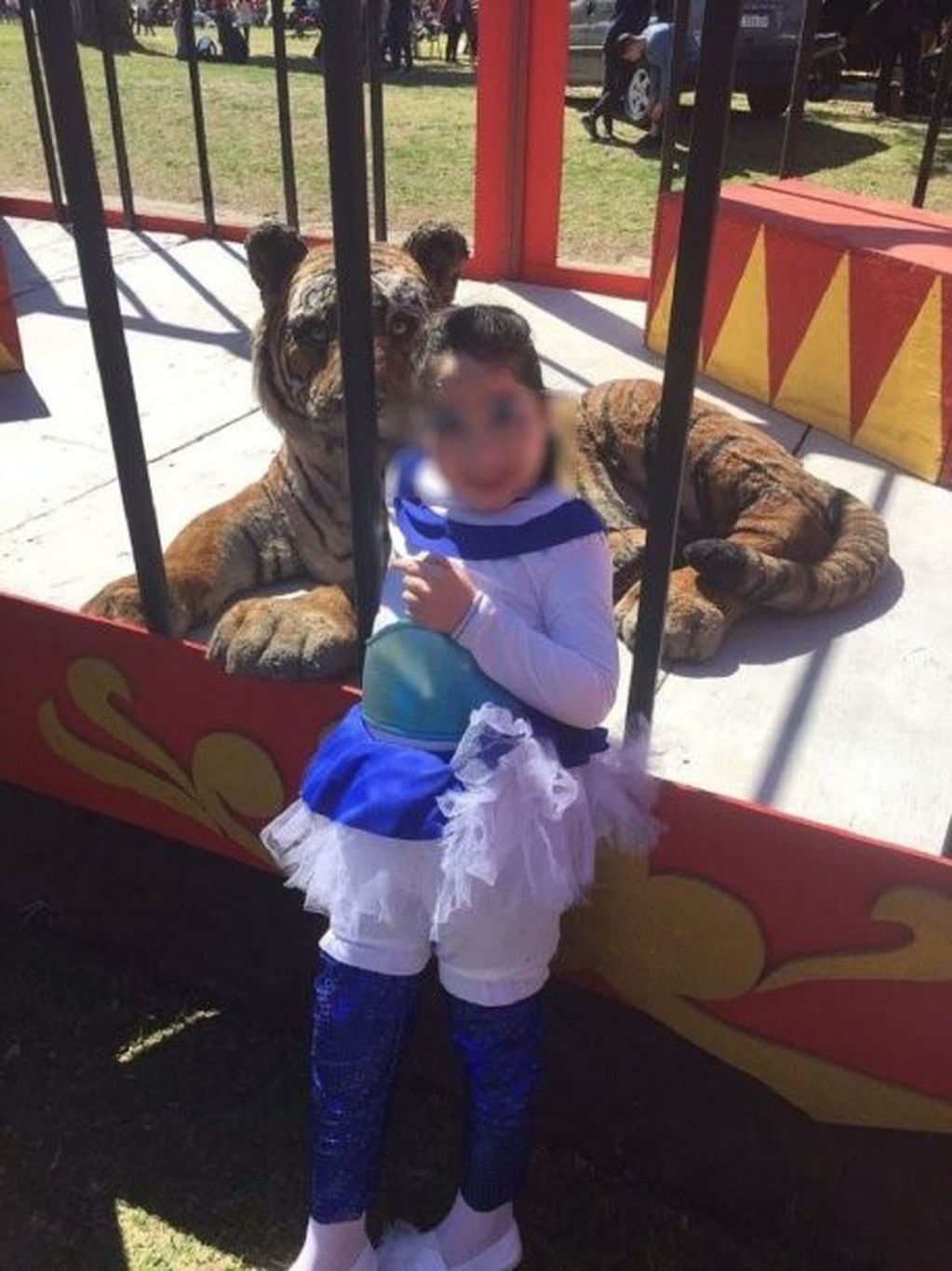 El tigre de peluche enjaulado fue una de las grandes atracciones de la jornada. (Facebook)
