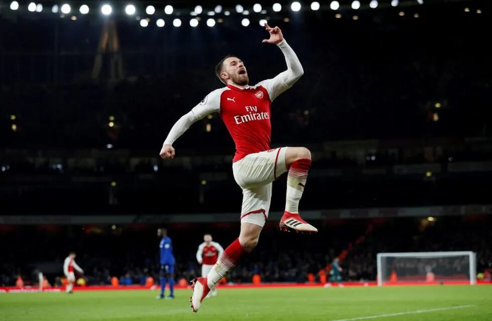 Soccer Football - Premier League - Arsenal vs Everton - Emirates Stadium, London, Britain - February 3, 2018   Arsenal's Aaron Ramsey celebrates scoring their fifth goal to complete his hat-trick    REUTERS/David Klein    EDITORIAL USE ONLY. No use with unauthorized audio, video, data, fixture lists, club/league logos or \