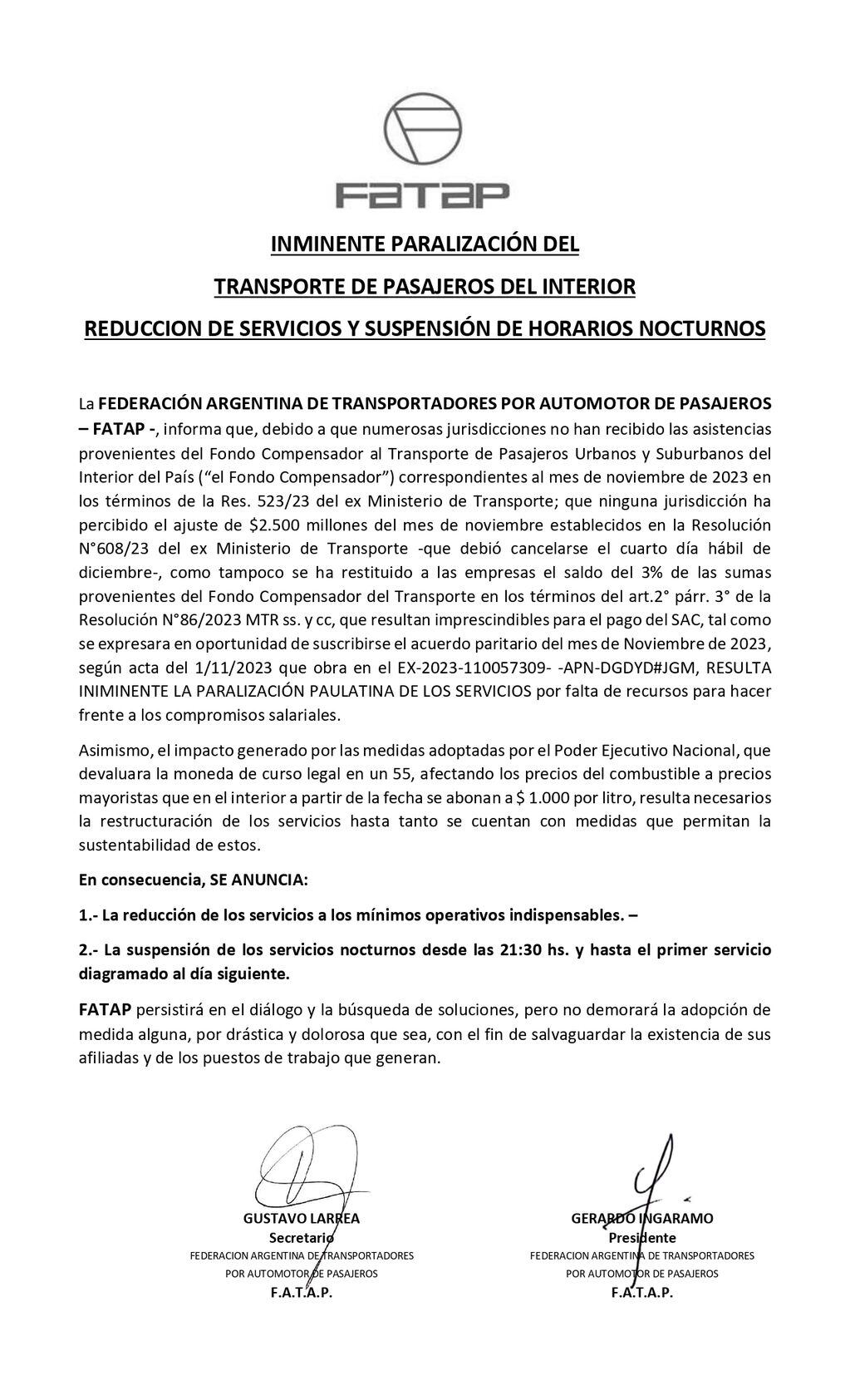 Comunicado de la Federación Argentina de Transportadores por Automotor de Pasajeros.