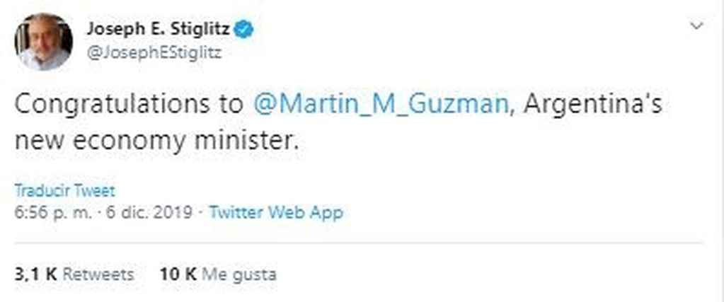Joseph Stiglitz para el nuevo Ministro de Economía de Alberto Fernández (Foto: Captura de Twitter)