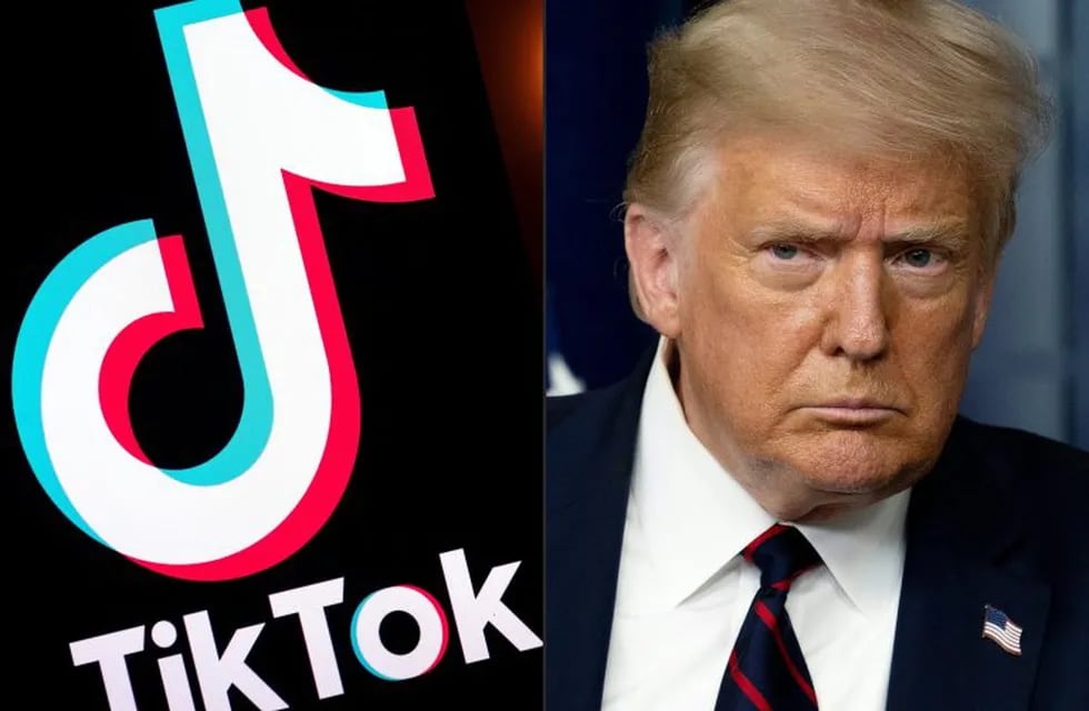 (COMBO) This combination of pictures created on August 01, 2020 shows the logo of the social media video sharing app Tiktok displayed on a tablet screen in Paris, and US President Donald Trump at the White House in Washington, DC, on July 30, 2020. - President Donald Trump said July 31, 2020 he will bar fast-growing social media app TikTok from the United States as American authorities have raised concerns the service could be a tool for Chinese intelligence.\nUS officials and lawmakers in recent weeks have voiced fears of the wildly popular video platform being used by Beijing for nefarious purposes, but the company has denied any links to the Chinese government. (Photos by Lionel BONAVENTURE and JIM WATSON / AFP)