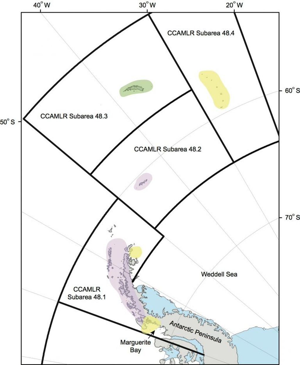 Zonas protegidas por la Comisión para la Conservación de los Recursos Vivios Marinos Antárticos. Abarca aguas subantárticas y antárticas.