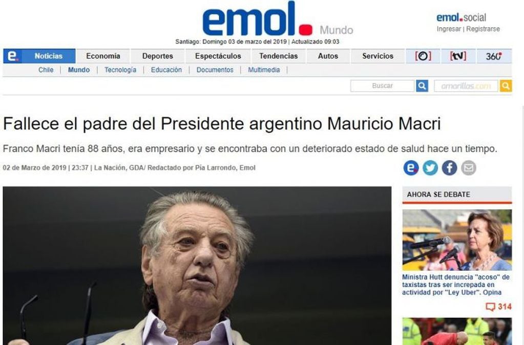 La muerte de Franco Macri en el sitio Emol de Chile.