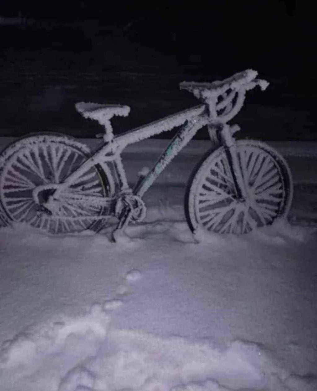 La bicicleta que se congeló en Chubut por el frío extremo.