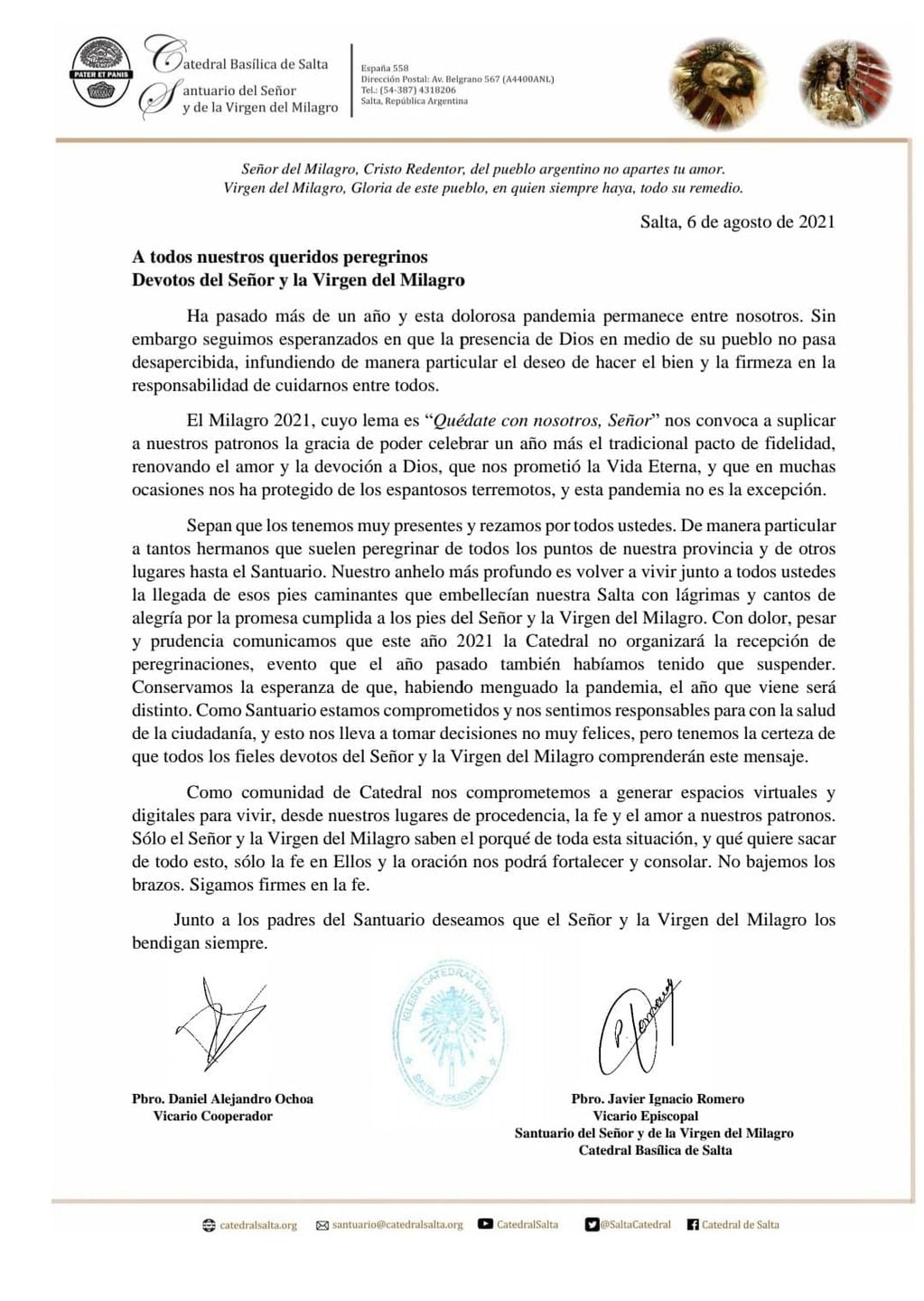 El comunicado oficial compartido en las redes de la Catedral de Salta.