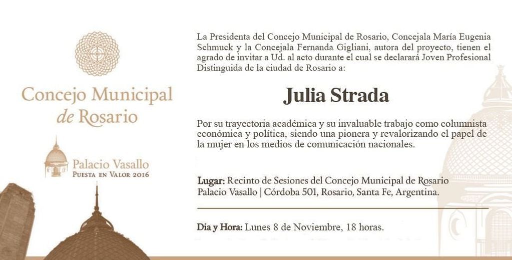 Julia Strada recibirá un reconocimiento en el Concejo rosarino.