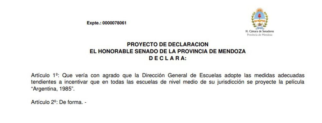 Proyecto de Declaración "Argentina 1985".