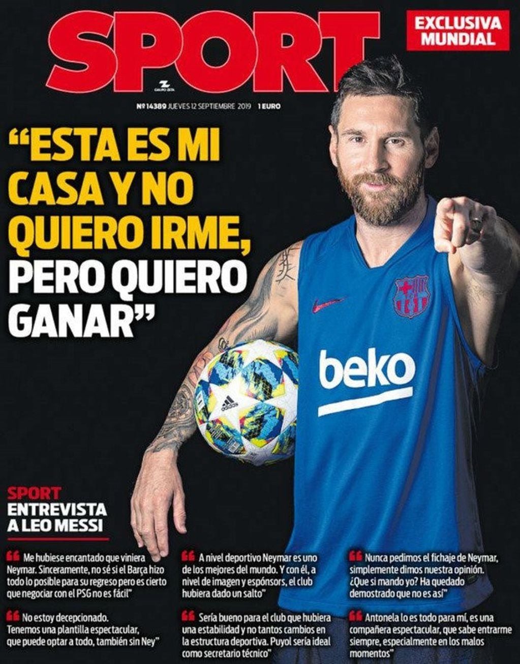 La tapa del diario Sport del jueves 12 de septiembre de 2019 con la entrevista exclusiva a Lionel Messi. (Diario Sport)