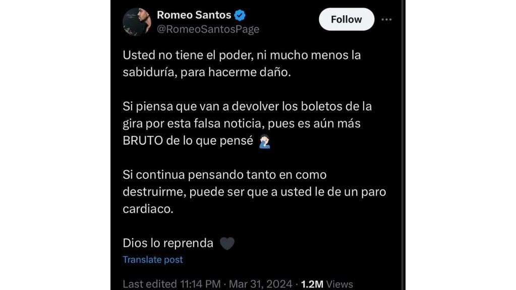 Tweet de Romeo Santos donde descarta problemas de salud.