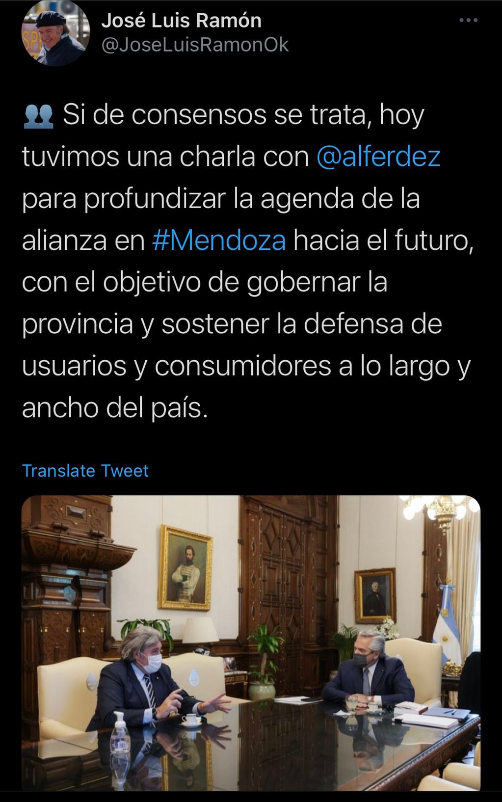 El tweet de Jose Luis Ramón sobre su encuentro con Alberto Fernández.