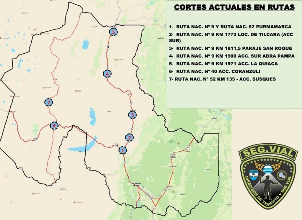 Aún permanecen activos siete piquetes en  diferentes rutas nacionales que atraviesan la provincia de Jujuy, según reportes de la Secretaría de Seguridad Vial.
