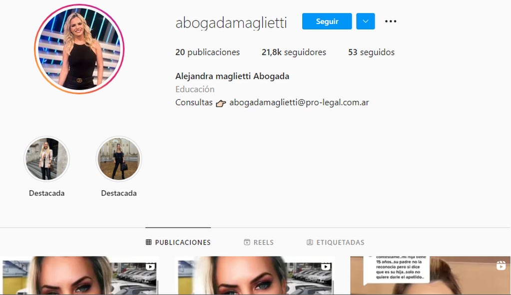 Alejandra Maglietti y su perfil de Instagram profesional.