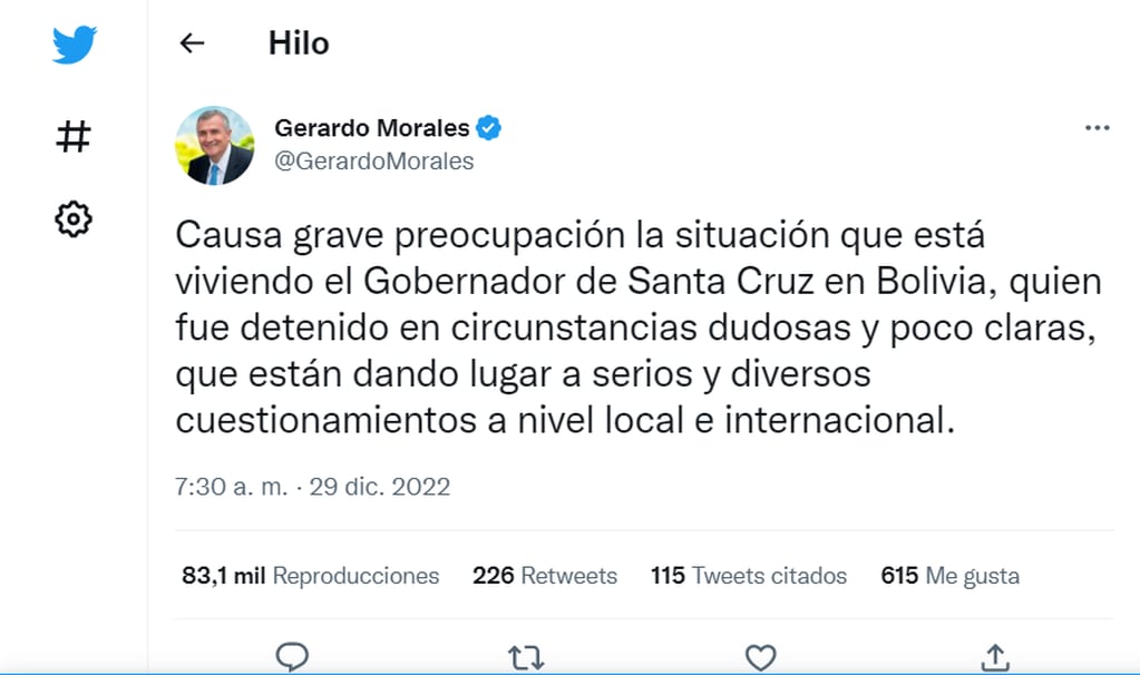 El pronunciamiento de Gerardo Morales sobre la detención del gobernador de Santa Cruz (Bolivia) generó polémica en las redes sociales.