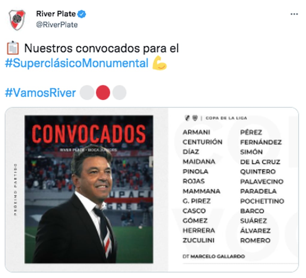 La lista de convocados de River para el clásico ante Boca.