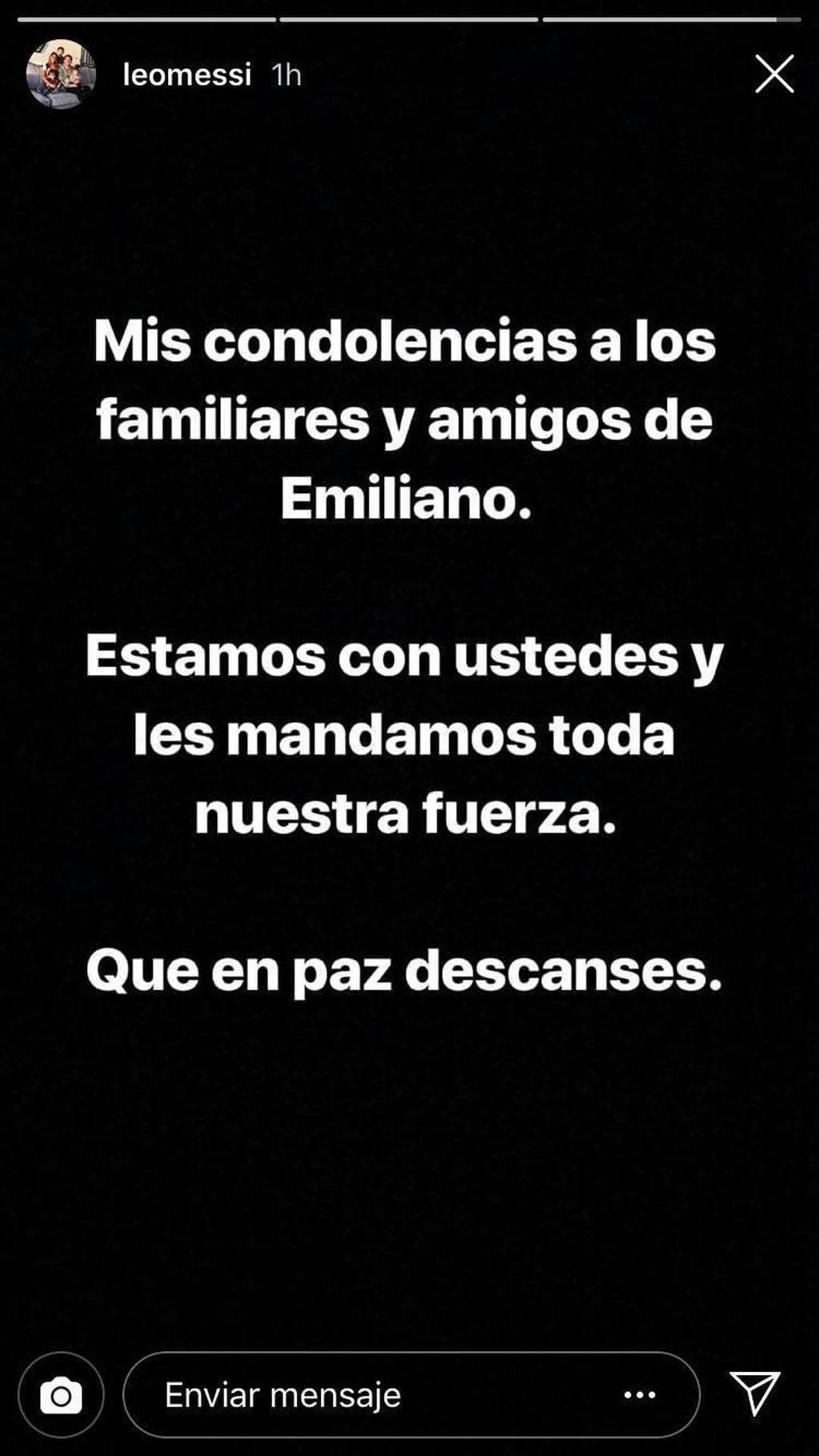 El mensaje de apoyo de Messi a la familia de Emiliano Sala. (Instagram)