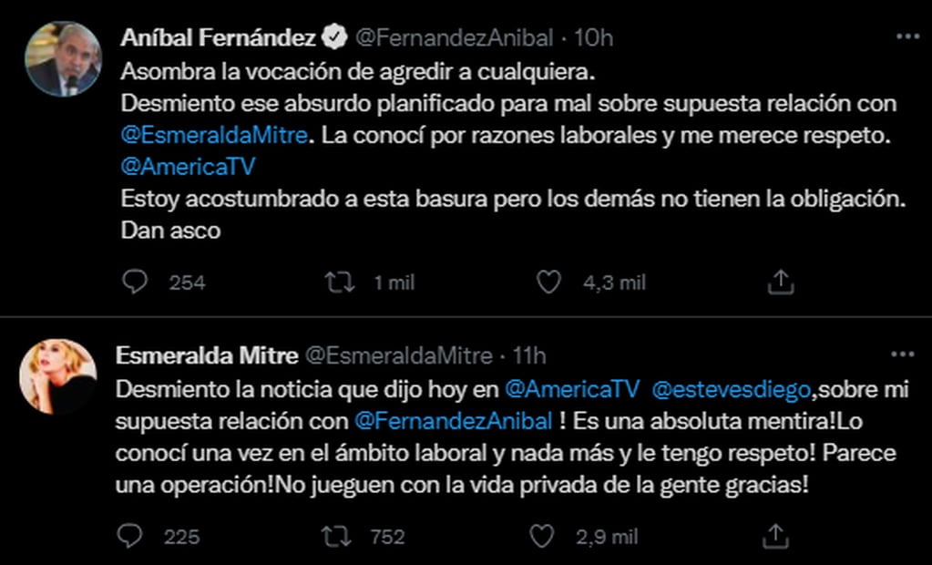 Aníbal Fernández y Esmeralda Mitre desmintieron su supuesto romance.  Foto: Twitter.